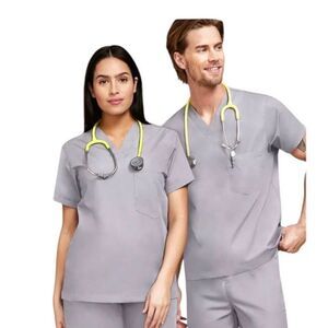 Allheart Unisex Solid Grey V-Neck Chest Pocket Medical Scrub Top Plus Size 3XL
